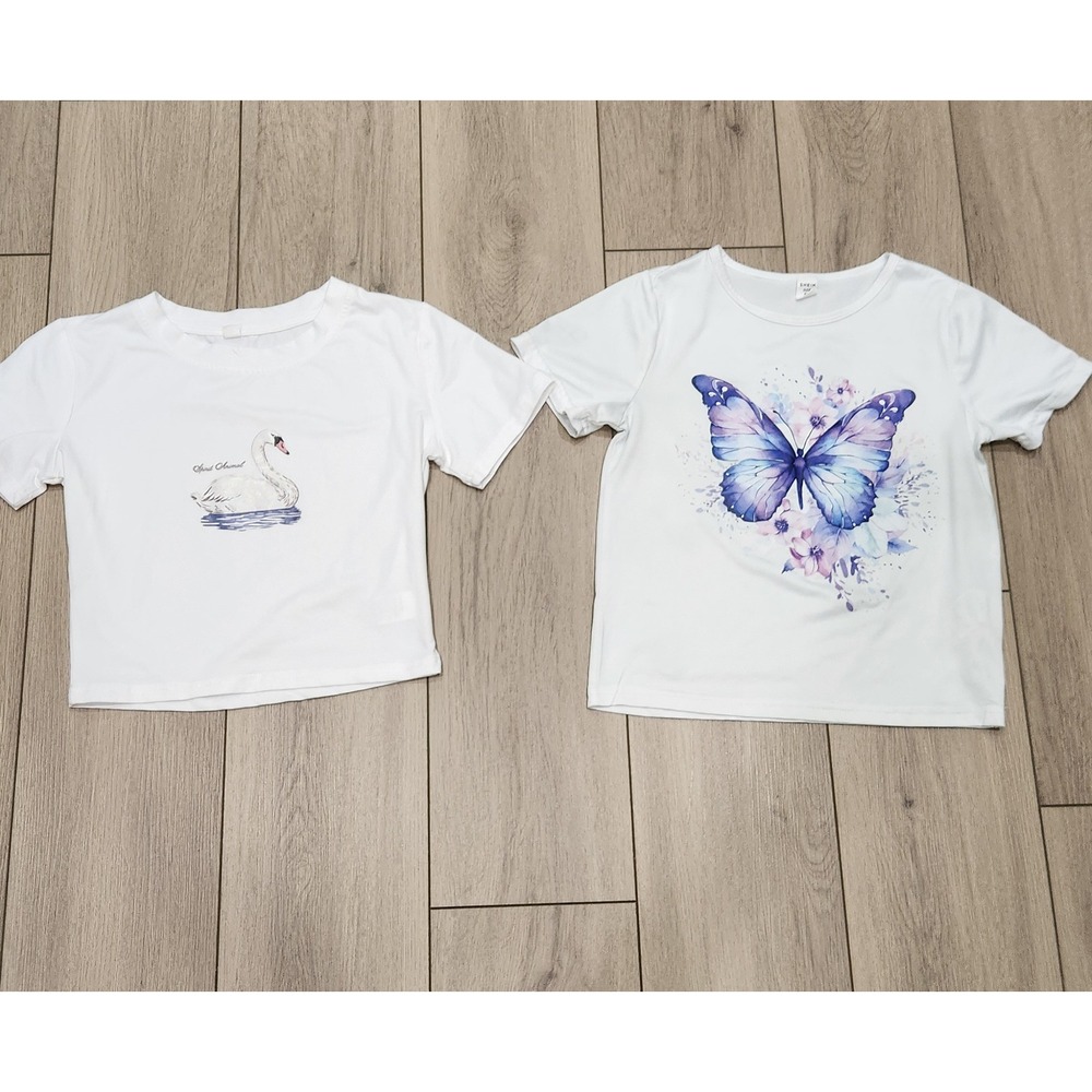 Girls 7/8 White Graphic T Shirt Lot Butterfly Reg Swan Cropped Short Sleeve Tops